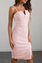 Sweetheart Spaghetti Strap Sequin Side Slit Bodycon Midi Dress