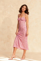 Floral Print Sweetheart Ruched Bust Spaghetti Strap Midi Dress