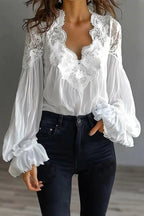 Fashionable Patchwork Lace V-neck Puff Sleeve Loose Shirt