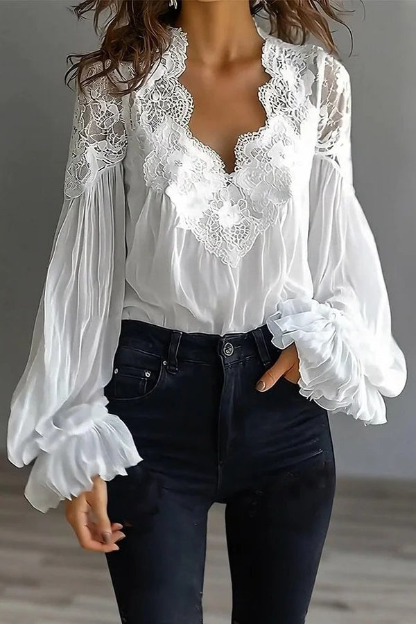 Fashionable Patchwork Lace V-neck Puff Sleeve Loose Shirt