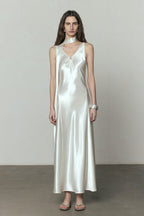 Simple Solid Satin V Neck Loose Maxi Dress