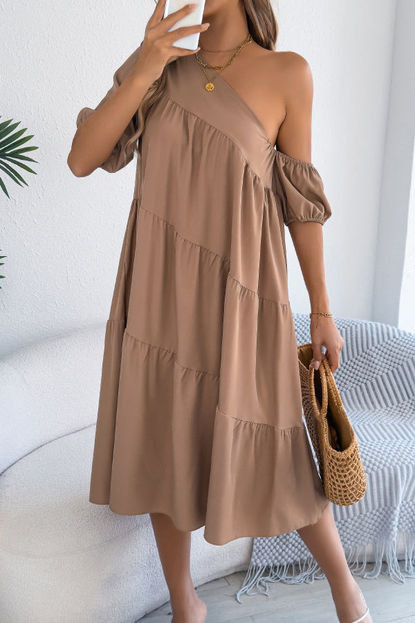 Solid Color Loose Slash Neck Short-sleeved Casual Midi Dress