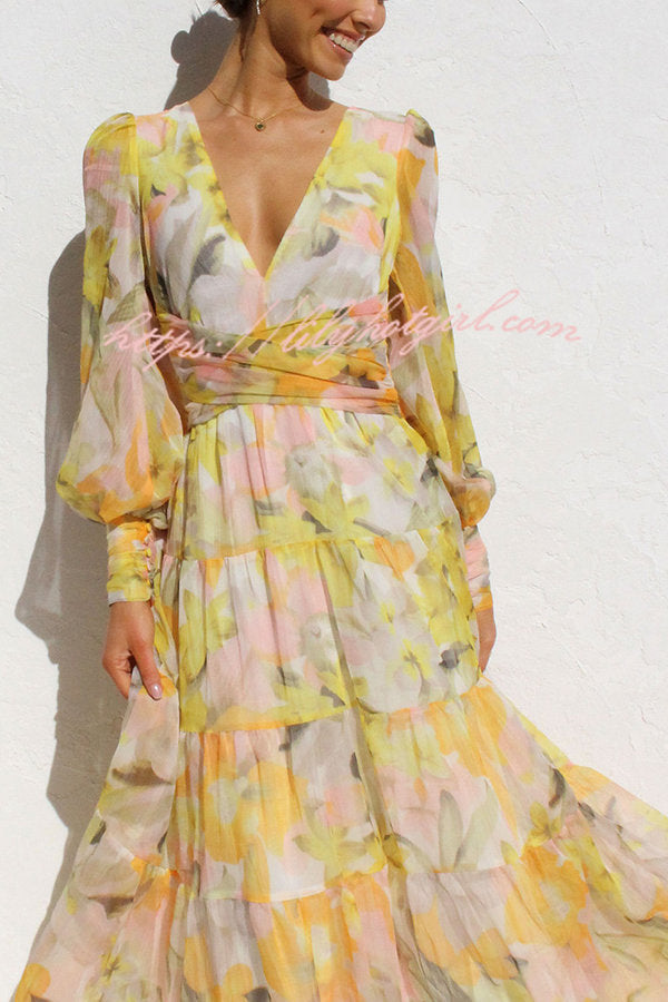 Abstract Floral Print V-Neck Bishop Sleeve Wrap Waist Tiered Maxi Dress