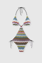 Luccia Colorful Zigzag Pattern Cutout Waist Tie-up Stretch One-piece Swimsuit