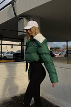 Polar Fleece Patchwork Faux Fur Collar Puffer Jacket