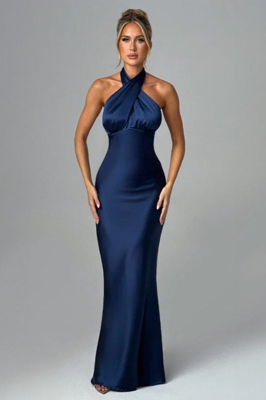 Satin Crossover Halter Gathered Bust Column Maxi Gown