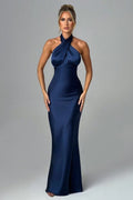 Satin Crossover Halter Gathered Bust Column Maxi Gown