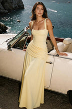 Scoop Neck Wide Strap Ruched Draped Waist Maxi Dress