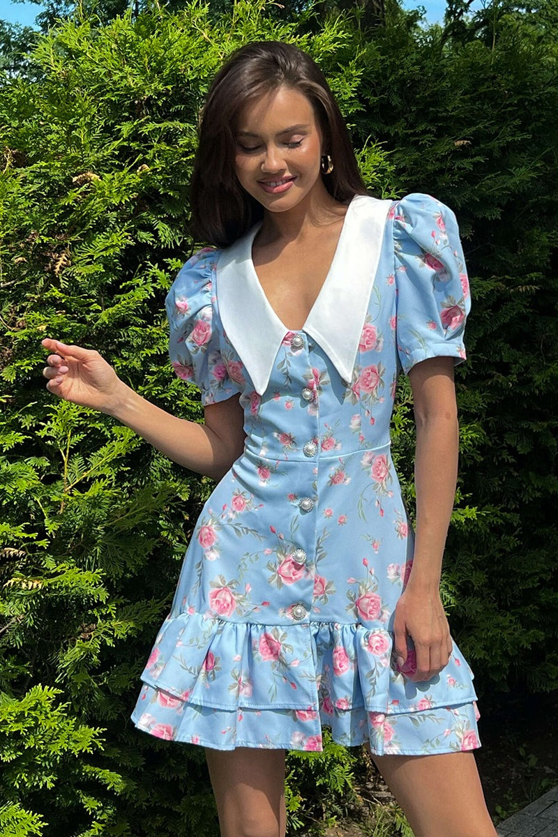 Oversized Collar Puff Sleeve Pearl Button Ruffle Tier Hem Floral Print Mini Dress