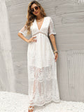 White Lace Boho Maxi Dress for Women - V Neck Short Sleeve Sheer Long Dress - Summer Beach Bridal Resort Wear 2026