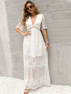 White Lace Boho Maxi Dress for Women - V Neck Short Sleeve Sheer Long Dress - Summer Beach Bridal Resort Wear 2026