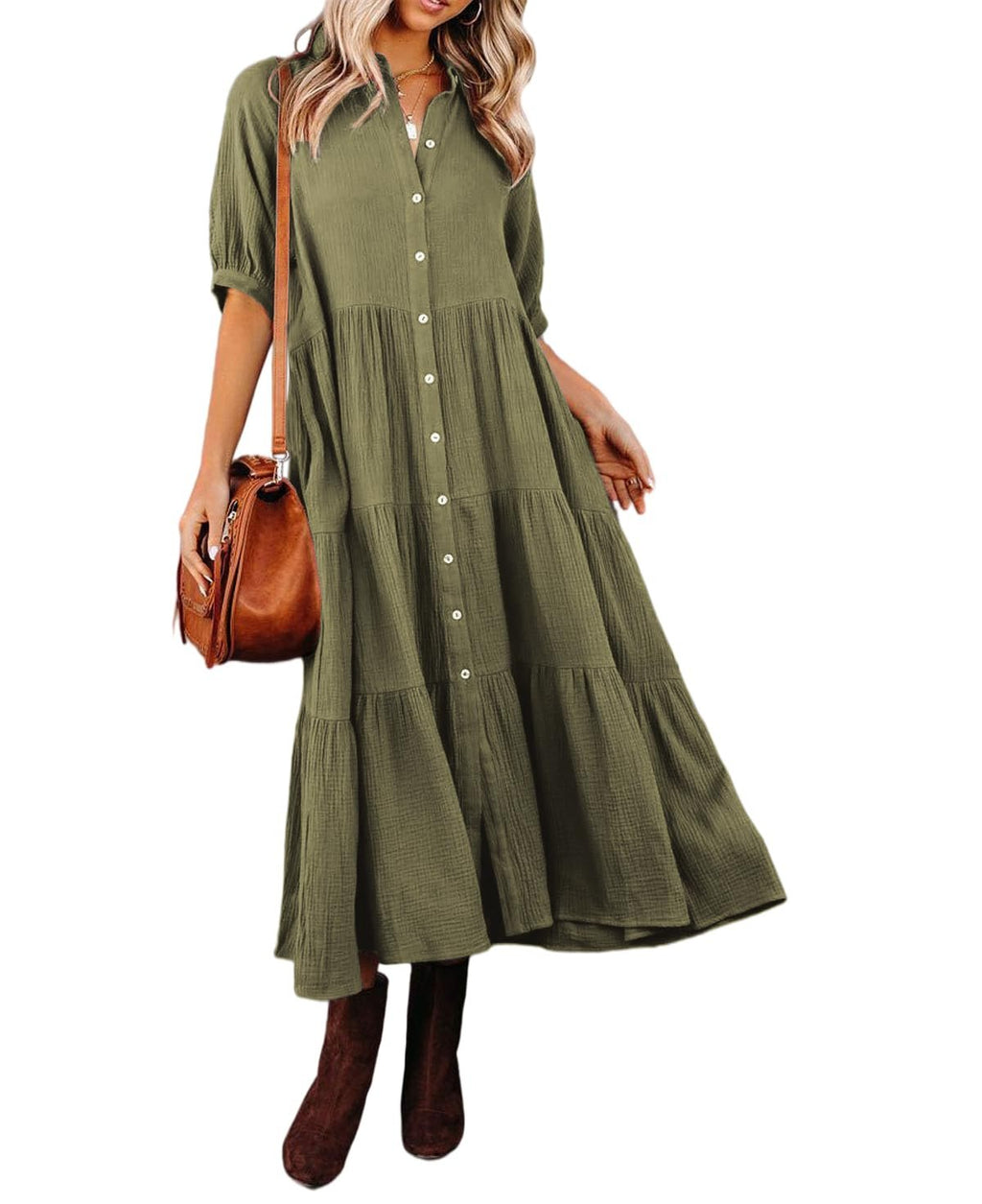 Gauze Button Front Collar Half Sleeve Tiered Pocket Midi Dress