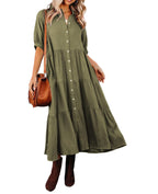 Gauze Button Front Collar Half Sleeve Tiered Pocket Midi Dress