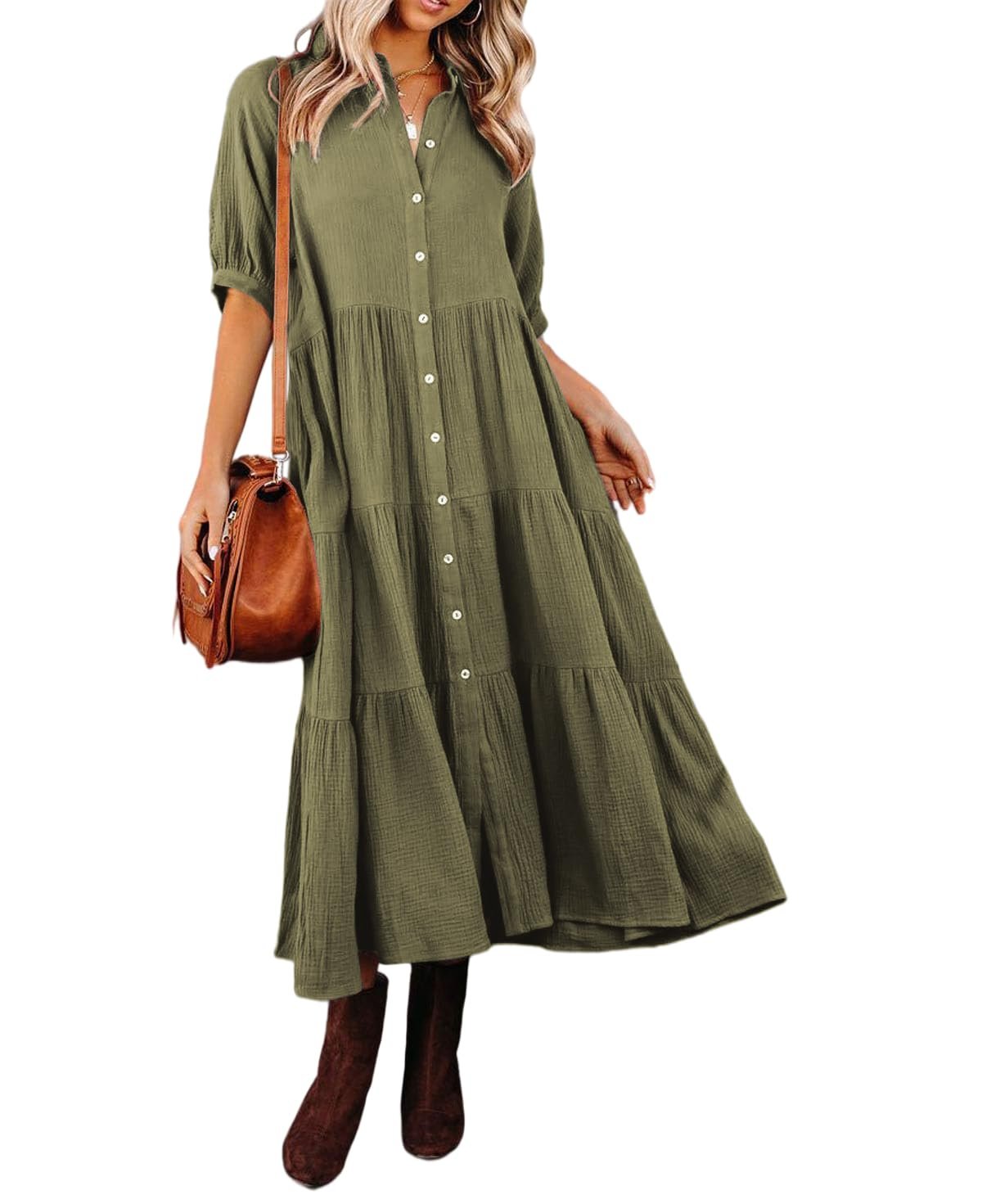 Gauze Button Front Collar Half Sleeve Tiered Pocket Midi Dress