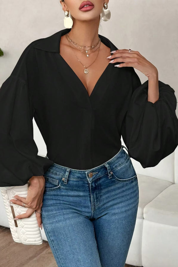 Stylish Polka Dot Print Collared Puff Sleeve Loose Shirt