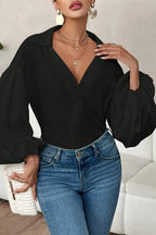 Stylish Polka Dot Print Collared Puff Sleeve Loose Shirt