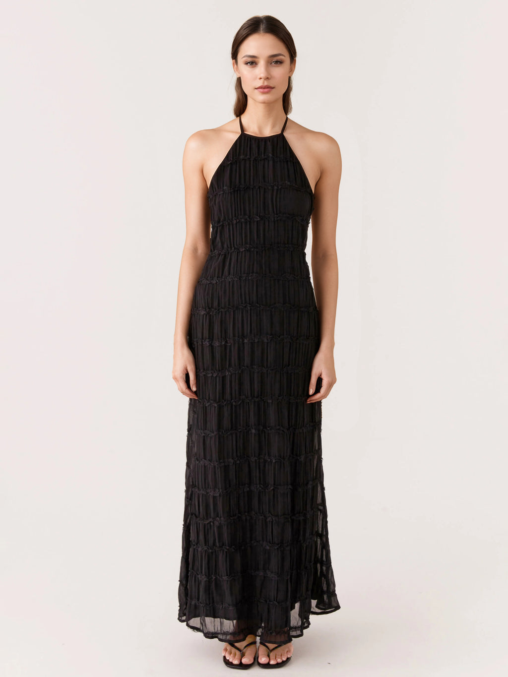 Halter Neck Pleated Maxi Dress for Women - Boho Ruched Backless Sleeveless Tiered Long Sundress - Summer Beach Event 2026