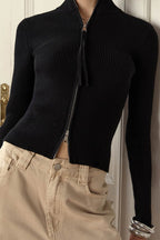 Two - Way Zipper Stand Collar Slim Long Sleeve Thermal Knit Cardigan