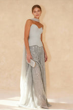 Strapless Corset Sweetheart Sequin Stripe Floor Length Maxi Dress