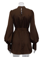 Brown Satin Mini Shirt Dress With High Neck And Lantern Sleeve For Women 2026