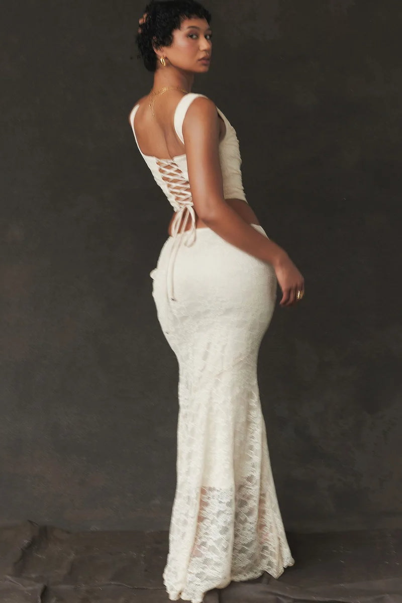 White Lace-up Crop Top And Maxi Skirt Dress