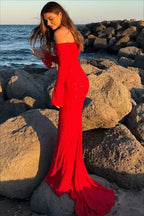 Lace Off Shoulder Ruffle Trim Long Bell Sleeve Vertical Panel Mermaid Maxi Dress