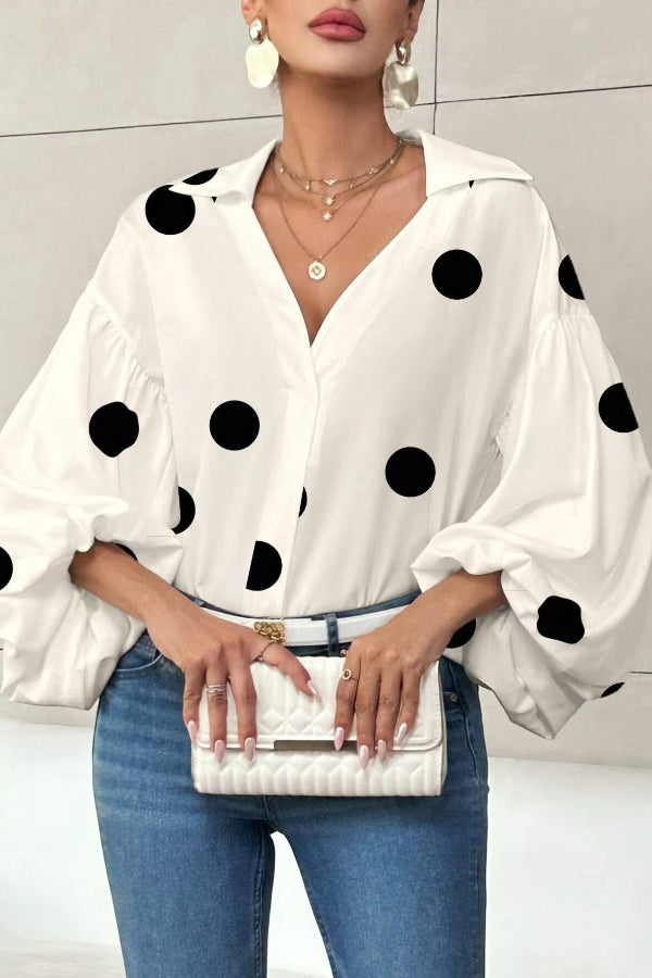 Stylish Polka Dot Print Collared Puff Sleeve Loose Shirt