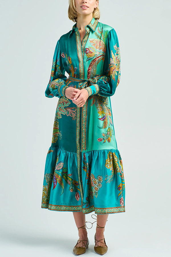 Paisley Print Lantern Sleeve Lace Up Belted Ruffle Hem Midi Shirt Dress