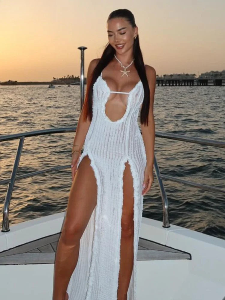 Ribbed Deep V-Neck Cut Out Double High Split Maxi Dress