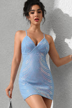 Blue Glitter Backless Slim Dress