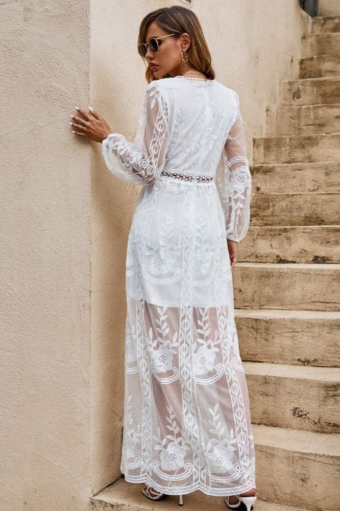 White Deep V Neck Embroidered Mesh Balloon Sleeve Empire Waist Maxi Dress