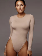 Bodysuit Light Apricot Long Sleeves Piping Stretch Notched Neckline Sexy Cotton Top For Women