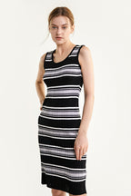 Scoop Neck Ribbed Knit Horizontal Stripe Tank Bodycon Midi Dress