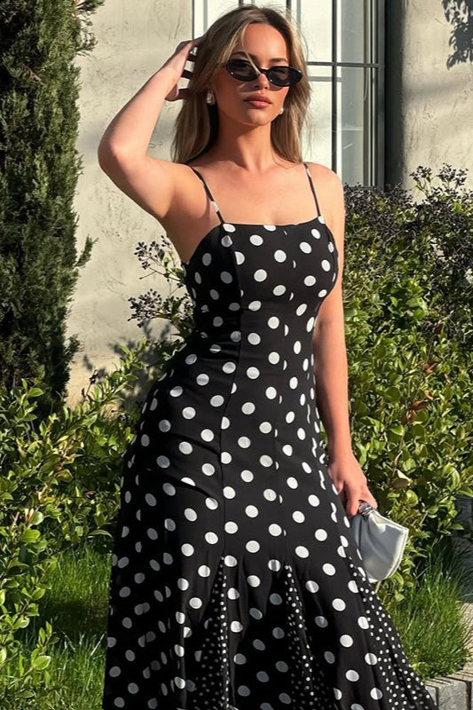 Black Square Neck Spaghetti Strap Contrast Polka Dot Slit Maxi Dress
