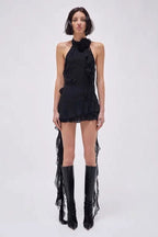 Asymmetric Rose Halter  Mini Dress