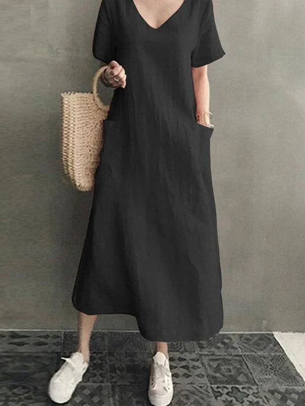 Ladies Literary Retro Cotton&Linen V-neck Large Swing Dress-3color,8size