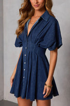 Stylish Collared Short-sleeved Fitted Waist Button-down Casual Mini Dress