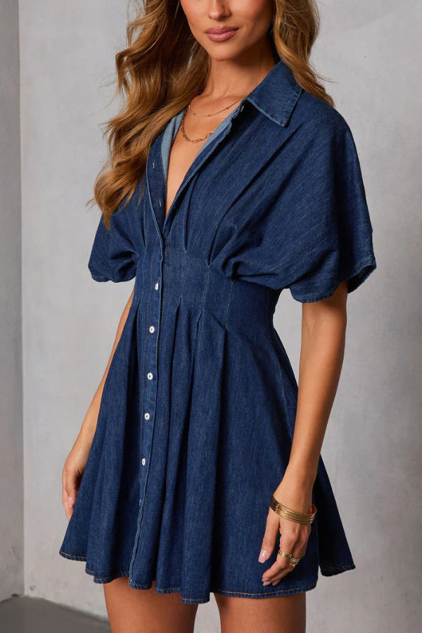 Stylish Collared Short-sleeved Fitted Waist Button-down Casual Mini Dress