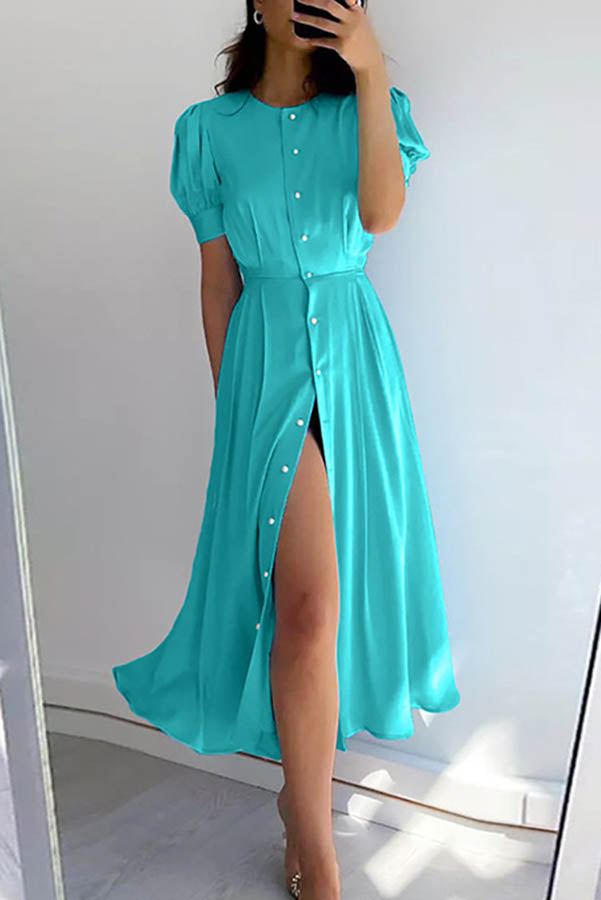 Puff Sleeve Pearl Button Front Satin Side Slit Midi Dress