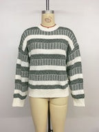 Women Pullover Sweater Hunter Green Two-Tone Jewel Neck Long Sleeves Layered Acrylic Sweaters