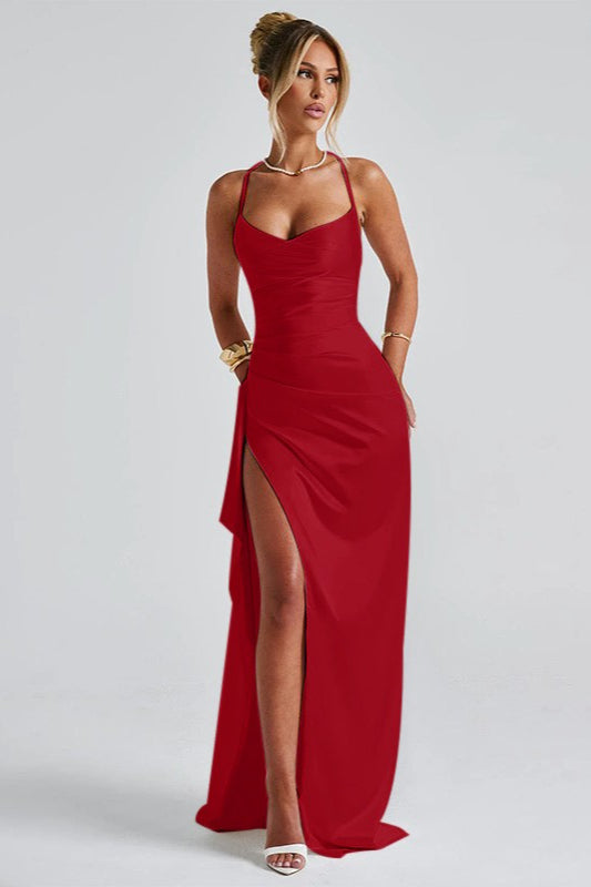 Satin Spaghetti Strap Ruched Drape High Split Bodycon Maxi Mini Dress