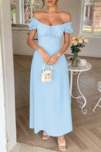 Off Shoulder Puff Sleeve Tie Front Corset Bodice A Line Midi Dress