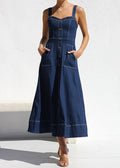 Denim Square Neck Button Front Patch Pocket Midi Dress