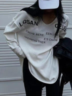 Letter Print U Neck Irregular Slit Long Sleeve Knit