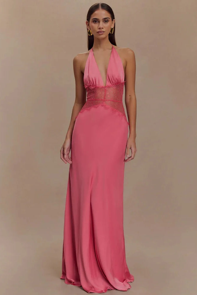 Lace Patchwork Backless Halter Dress