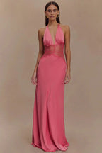 Lace Patchwork Backless Halter Dress