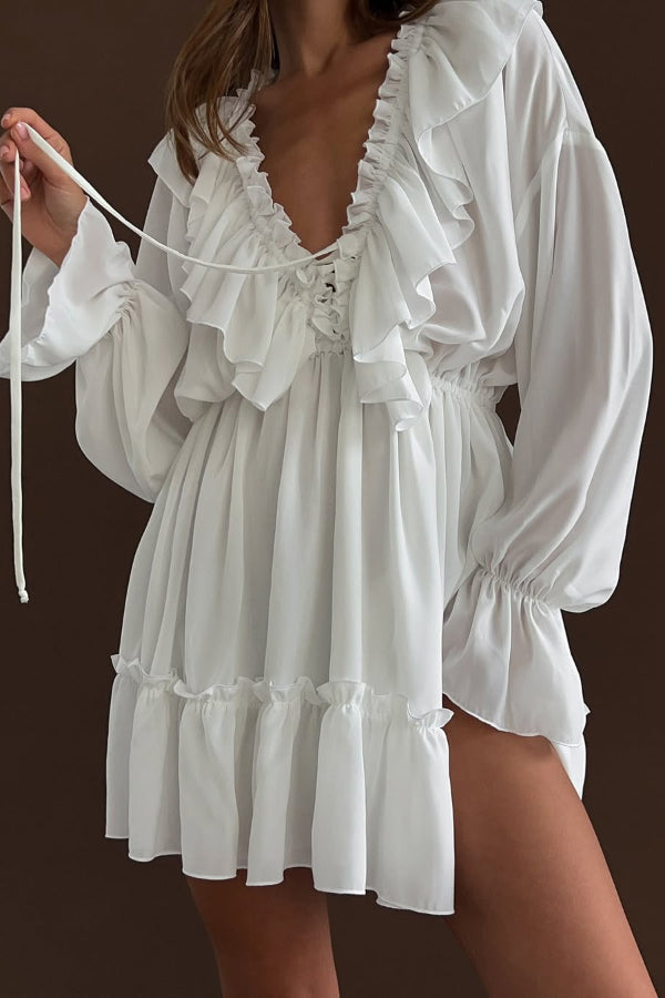 Solid Color V-neck Ruffled Ruched Long-sleeved Vacation Mini Dress