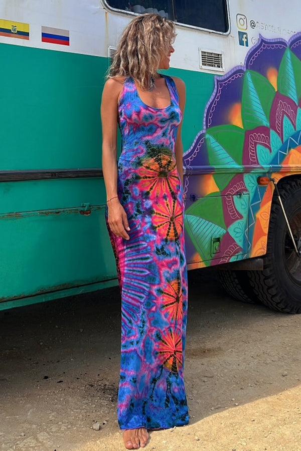 Tie Dye Print Criss Cross Strap Open Back Sleeveless Maxi Dress