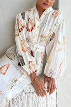 Mandarin Collar Button-Front Puff Sleeve Seashell Starfish Print Belted Maxi Shirt Dress