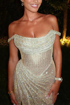Off Shoulder Glitter Corset Bodice Ruched Hip High Slit Maxi Gown